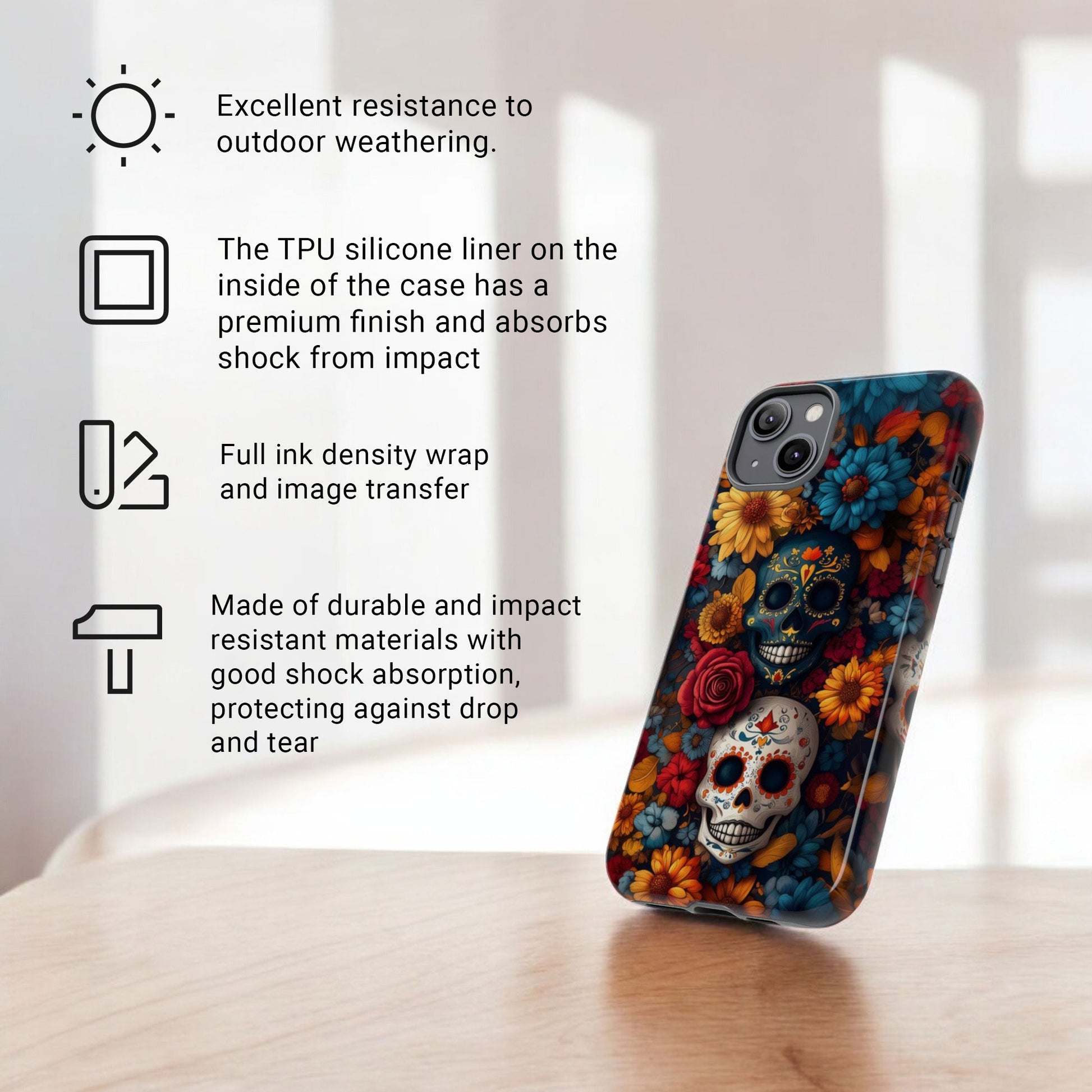 Day of The Dead Phone Flower Phone Case, Sugar Skull - Tough Case for iPhone 16 15 14 13 12 11 10 9 8 Pro Max