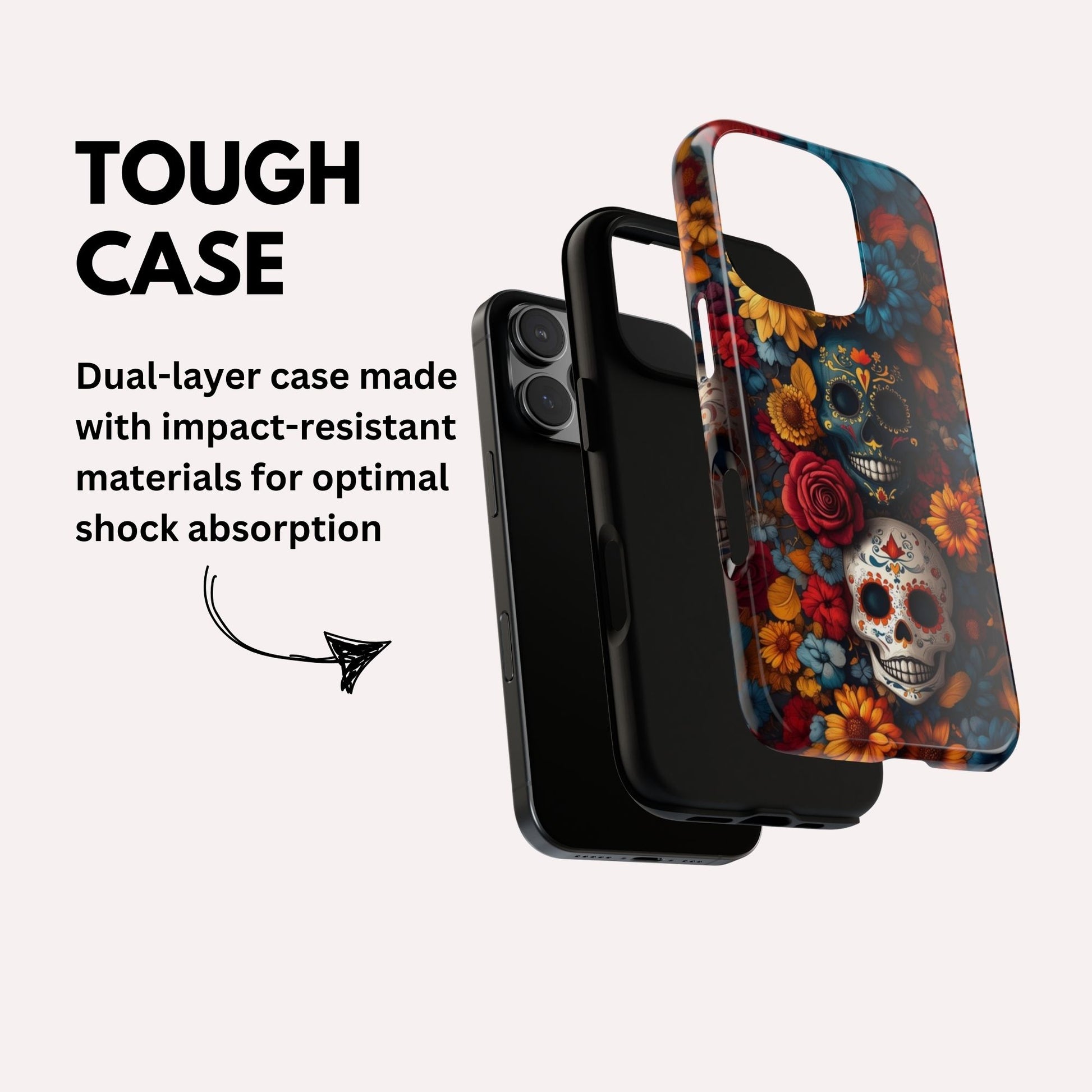 Day of The Dead Phone Flower Phone Case, Sugar Skull - Tough Case for iPhone 16 15 14 13 12 11 10 9 8 Pro Max