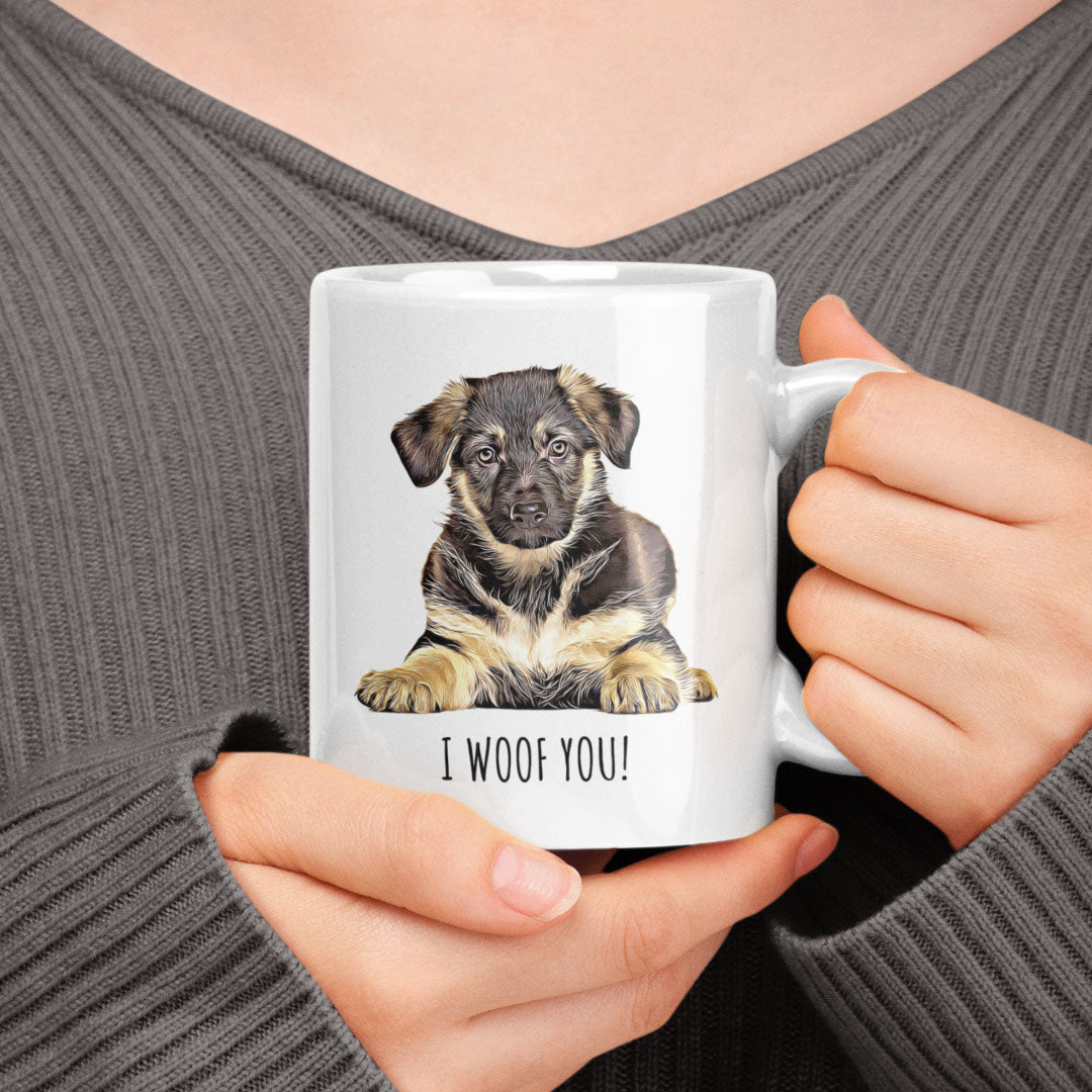 German Shepherd Puppy Coffee Gift Mug - Dog Mum Mug - Dog Dad Mug - Gifts for Dog Lovers - I Woof German Shepherd Mug