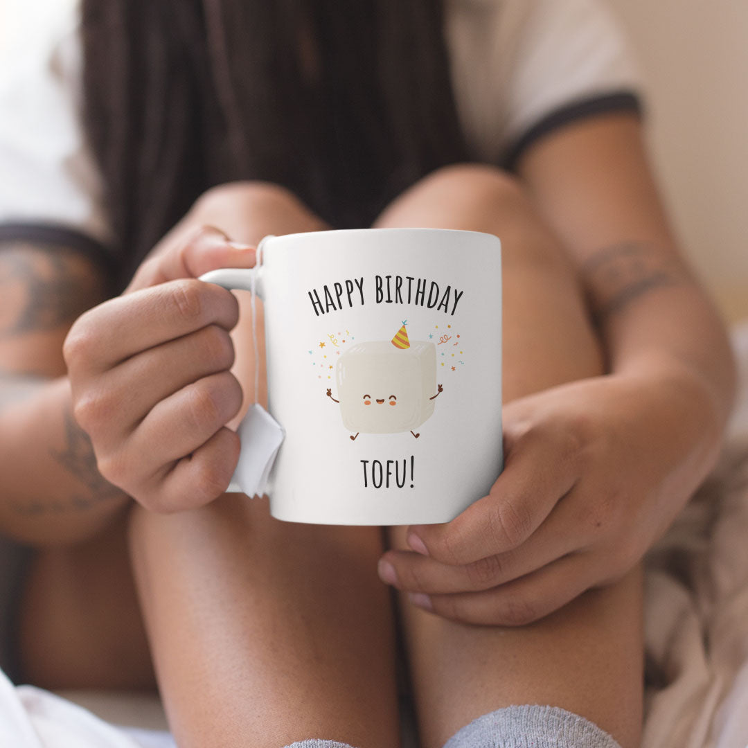 Funny Happy Birthday Tofu Vegan Coffee Mug - Birthday Gift Mug For Vegan Friends & Family